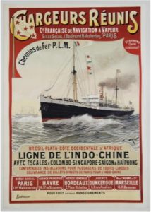 Affiche ancienne représentant un bateau. Publicité pour la compagnie française de navigation à vapeur, lignes vers l'Indochine.